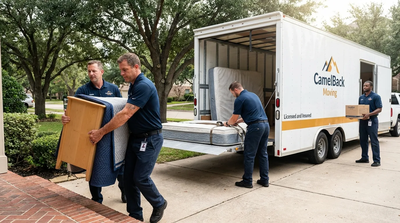 Crew loading residential truck for cross-state move from Leesville, LA