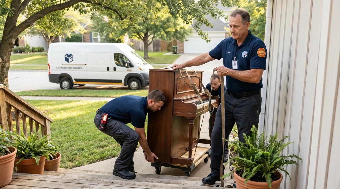 Licensed piano movers securing grand piano in Leesville, LA