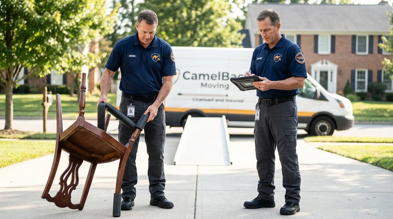 Movers inspecting furniture for damage prevention before loading in Leesville, LA